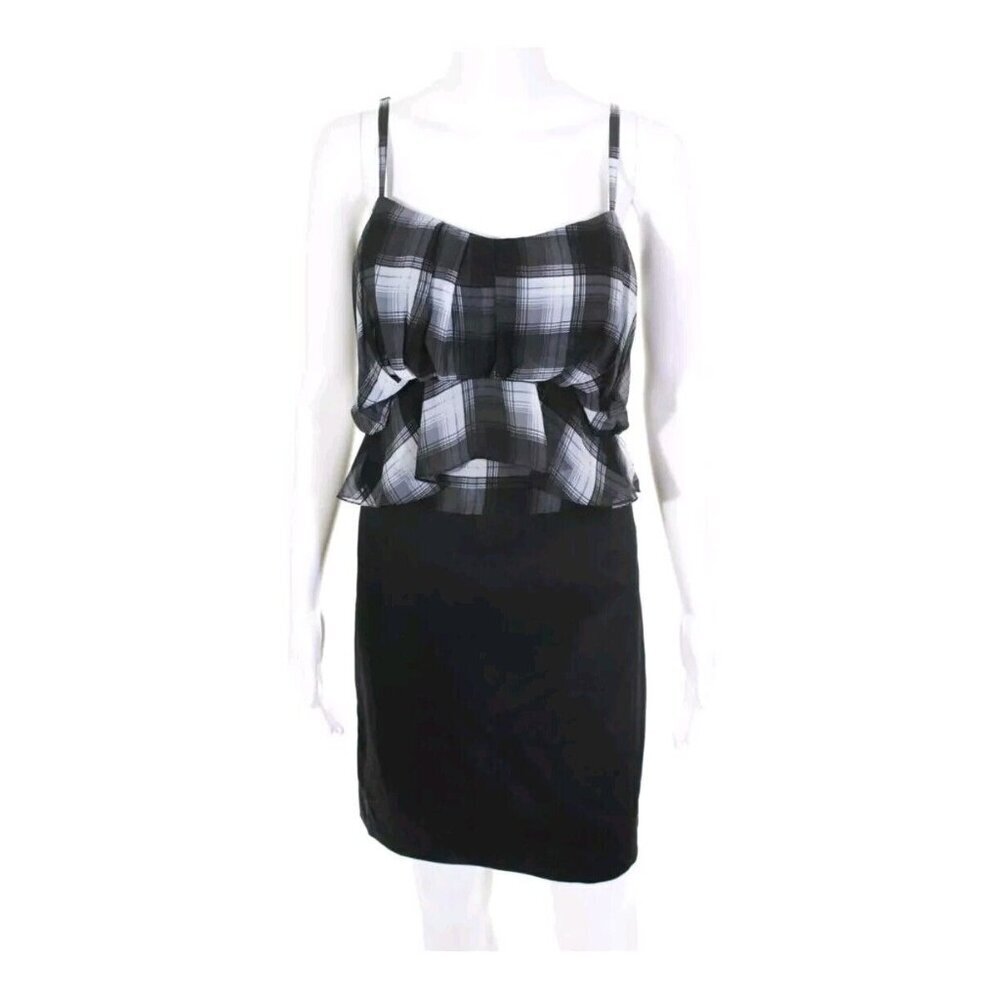 BCBGMAXAZRIA Solid Plaid Pencil Dress Black Size 8 Ruffle Spagetti Straps NWT